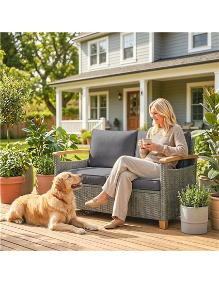 Outsunny 2 Seater Rattan Garden Sofa, Outdoor Sofa with Thickened Cushions and Acacia Wood Armrests, Dark Grey - pic 199653 | FastDaddyshop