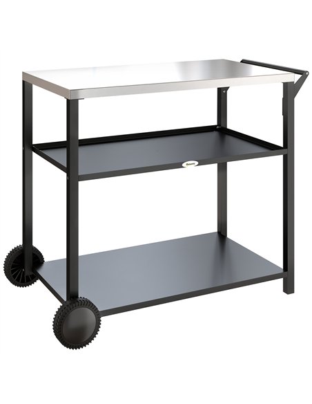 Outsunny Outdoor Grill Cart with Stainless Steel Tabletop for Kitchen Prep, Two-Tier Pizza Oven Stand on Wheels, Black - pic 199663 | FastDaddyshop