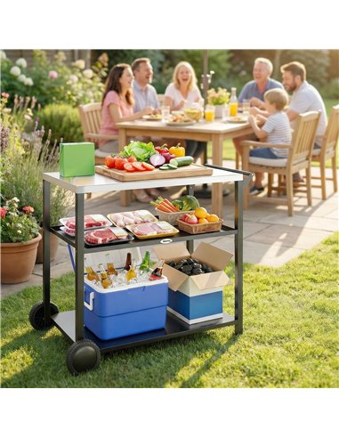 Outsunny Outdoor Grill Cart with Stainless Steel Tabletop for Kitchen Prep, Two-Tier Pizza Oven Stand on Wheels, Black