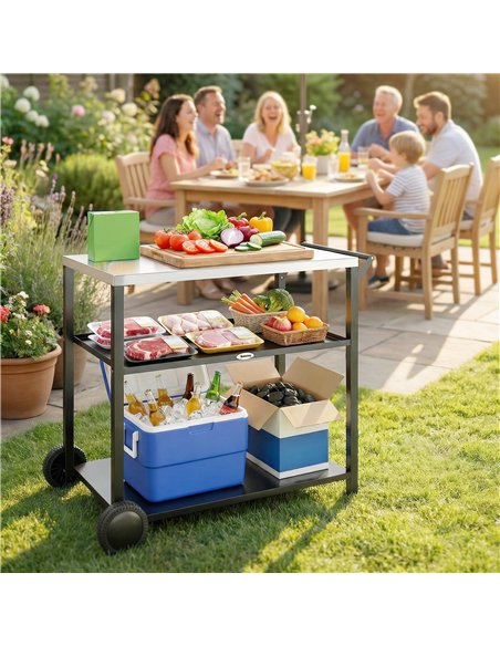 Outsunny Outdoor Grill Cart with Stainless Steel Tabletop for Kitchen Prep, Two-Tier Pizza Oven Stand on Wheels, Black - pic 199664 | FastDaddyshop