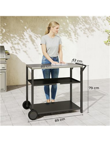 Outsunny Outdoor Grill Cart with Stainless Steel Tabletop for Kitchen Prep, Two-Tier Pizza Oven Stand on Wheels, Black