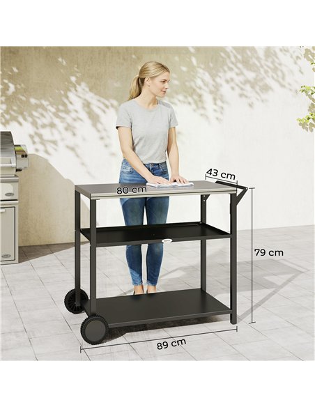 Outsunny Outdoor Grill Cart with Stainless Steel Tabletop for Kitchen Prep, Two-Tier Pizza Oven Stand on Wheels, Black - pic 199665 | FastDaddyshop