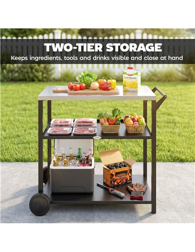 Outsunny Outdoor Grill Cart with Stainless Steel Tabletop for Kitchen Prep, Two-Tier Pizza Oven Stand on Wheels, Black