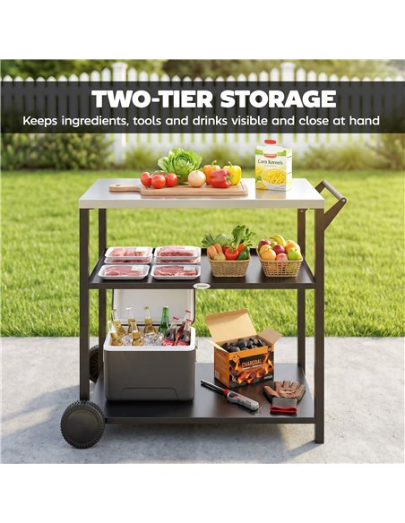 Outsunny Outdoor Grill Cart with Stainless Steel Tabletop for Kitchen Prep, Two-Tier Pizza Oven Stand on Wheels, Black - pic 199667 | FastDaddyshop