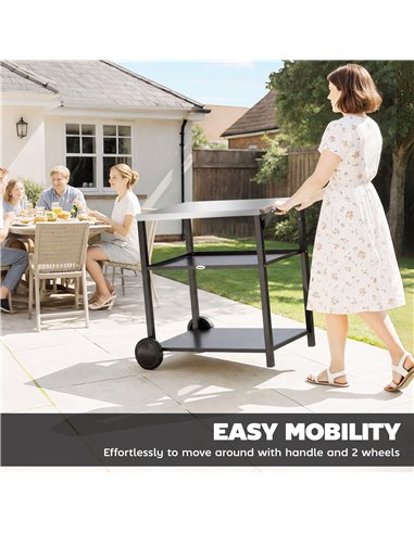 Outsunny Outdoor Grill Cart with Stainless Steel Tabletop for Kitchen Prep, Two-Tier Pizza Oven Stand on Wheels, Black