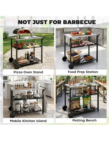 Outsunny Outdoor Grill Cart with Stainless Steel Tabletop for Kitchen Prep, Two-Tier Pizza Oven Stand on Wheels, Black