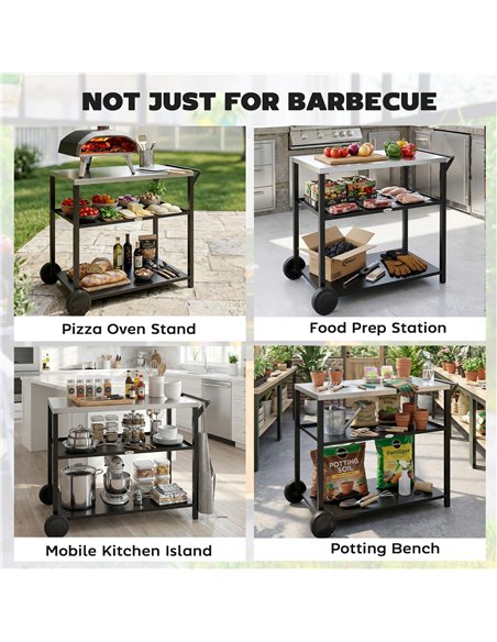 Outsunny Outdoor Grill Cart with Stainless Steel Tabletop for Kitchen Prep, Two-Tier Pizza Oven Stand on Wheels, Black - pic 199669 | FastDaddyshop