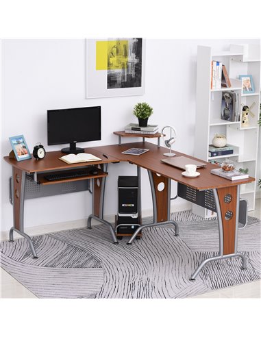 HOMCOM L-Shaped Corner Work Gaming Desk wiht Steel Frame, Keyboard Tray, Brown