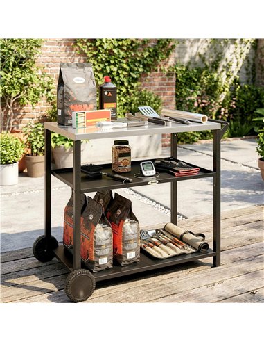 Outsunny Outdoor Grill Cart with Stainless Steel Tabletop for Kitchen Prep, Two-Tier Pizza Oven Stand on Wheels, Black
