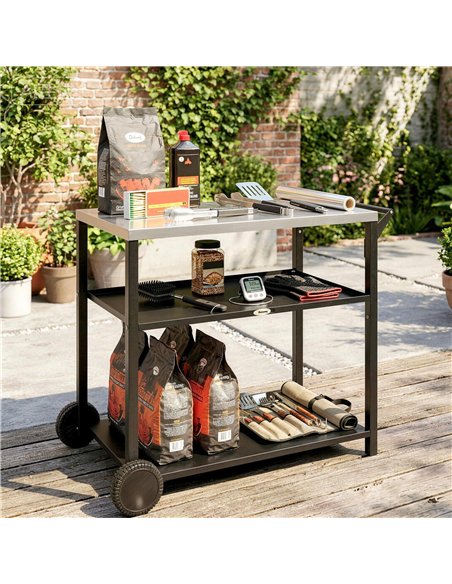 Outsunny Outdoor Grill Cart with Stainless Steel Tabletop for Kitchen Prep, Two-Tier Pizza Oven Stand on Wheels, Black - pic 199670 | FastDaddyshop