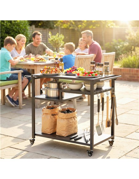 Outsunny Outdoor Grill Cart, Three-Tier Pizza Oven Stand  with Steel Tabletop, Hooks, Rubbish Bag Holder, Wheels, Black - pic 199673 | FastDaddyshop