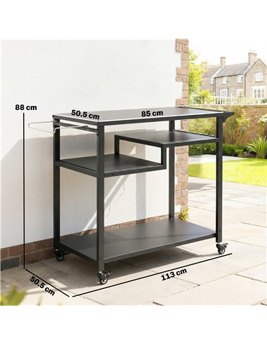 Outsunny Outdoor Grill Cart, Three-Tier Pizza Oven Stand  with Steel Tabletop, Hooks, Rubbish Bag Holder, Wheels, Black