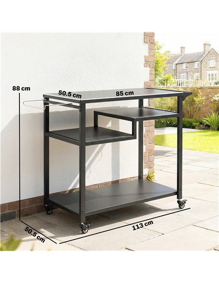 Outsunny Outdoor Grill Cart, Three-Tier Pizza Oven Stand  with Steel Tabletop, Hooks, Rubbish Bag Holder, Wheels, Black - pic 199674 | FastDaddyshop