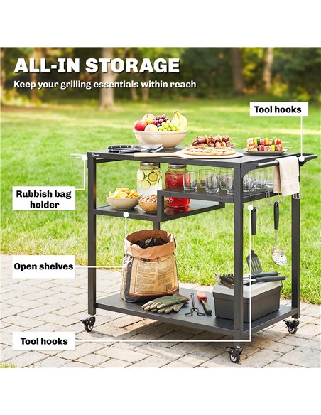 Outsunny Outdoor Grill Cart, Three-Tier Pizza Oven Stand  with Steel Tabletop, Hooks, Rubbish Bag Holder, Wheels, Black - pic 199675 | FastDaddyshop