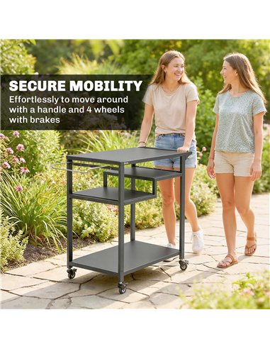 Outsunny Outdoor Grill Cart, Three-Tier Pizza Oven Stand  with Steel Tabletop, Hooks, Rubbish Bag Holder, Wheels, Black
