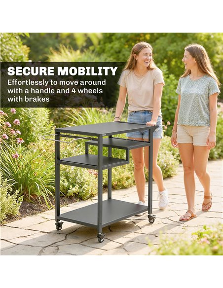 Outsunny Outdoor Grill Cart, Three-Tier Pizza Oven Stand  with Steel Tabletop, Hooks, Rubbish Bag Holder, Wheels, Black - pic 199676 | FastDaddyshop