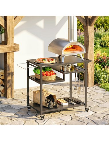 Outsunny Outdoor Grill Cart, Three-Tier Pizza Oven Stand  with Steel Tabletop, Hooks, Rubbish Bag Holder, Wheels, Black