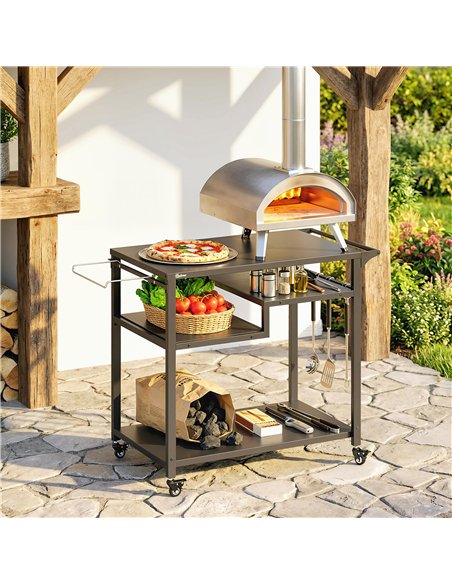 Outsunny Outdoor Grill Cart, Three-Tier Pizza Oven Stand  with Steel Tabletop, Hooks, Rubbish Bag Holder, Wheels, Black - pic 199677 | FastDaddyshop