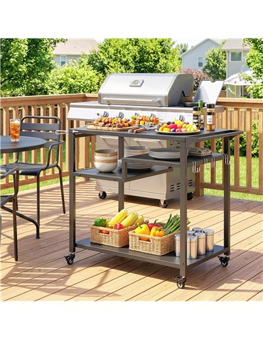 Outsunny Outdoor Grill Cart, Three-Tier Pizza Oven Stand  with Steel Tabletop, Hooks, Rubbish Bag Holder, Wheels, Black