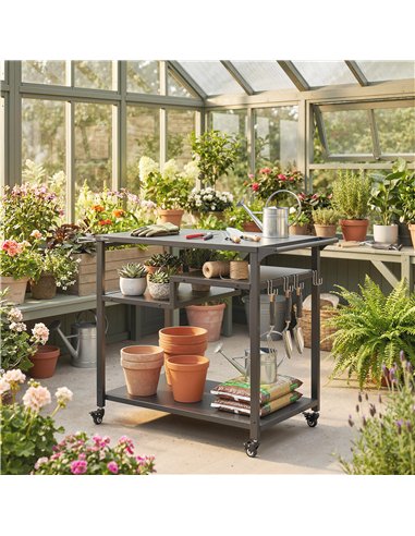 Outsunny Outdoor Grill Cart, Three-Tier Pizza Oven Stand  with Steel Tabletop, Hooks, Rubbish Bag Holder, Wheels, Black