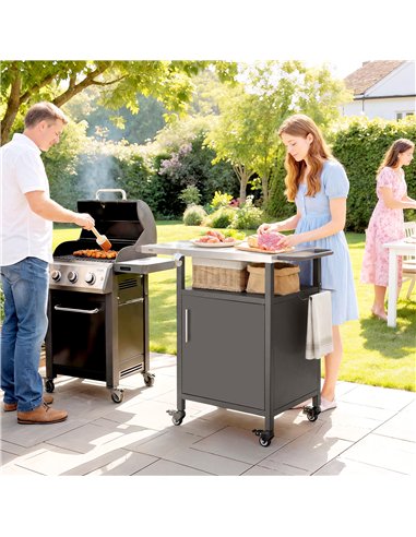 Outsunny Grill Cart with Stainless Steel Top, Pizza Oven Stand with Cabinet, Spice Rack, Towel Holder, Bottle Opener, Brown