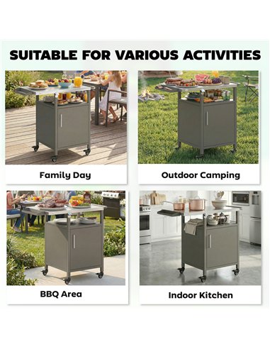 Outsunny Grill Cart with Stainless Steel Top, Pizza Oven Stand with Cabinet, Spice Rack, Towel Holder, Bottle Opener, Brown