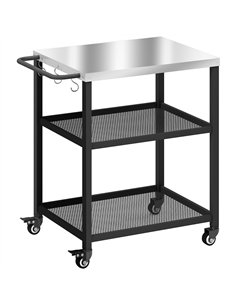 Outsunny Outdoor Grill Cart with Stainless Steel Tabletop, 3-Tier Pizza Oven Stand with Adjustable Shelf, Hooks, Wheels, Black