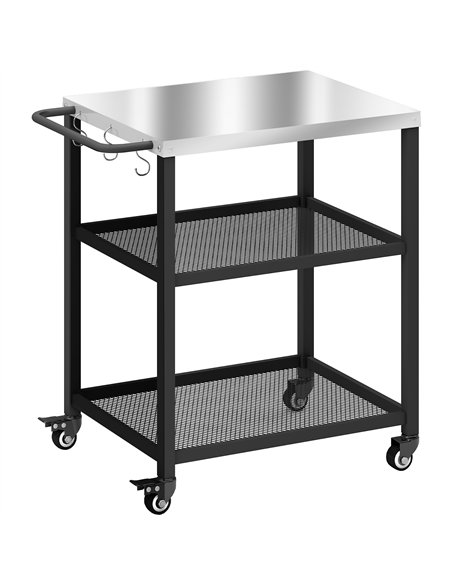 Outsunny Outdoor Grill Cart with Stainless Steel Tabletop, 3-Tier Pizza Oven Stand with Adjustable Shelf, Hooks, Wheels, Black - pic 199690 | FastDaddyshop