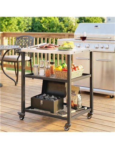 Outsunny Outdoor Grill Cart with Stainless Steel Tabletop, 3-Tier Pizza Oven Stand with Adjustable Shelf, Hooks, Wheels, Black