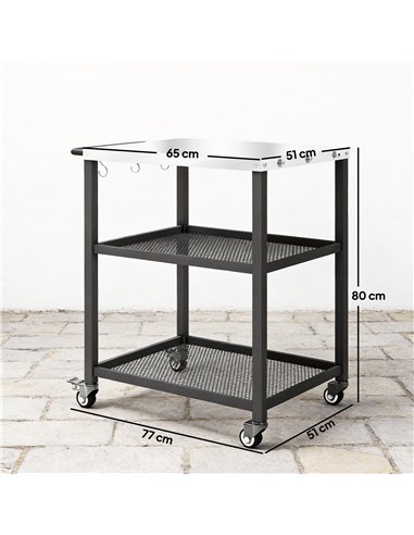 Outsunny Outdoor Grill Cart with Stainless Steel Tabletop, 3-Tier Pizza Oven Stand with Adjustable Shelf, Hooks, Wheels, Black