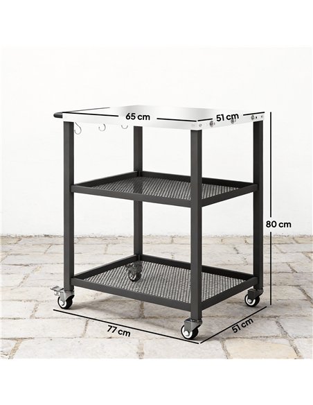 Outsunny Outdoor Grill Cart with Stainless Steel Tabletop, 3-Tier Pizza Oven Stand with Adjustable Shelf, Hooks, Wheels, Black - pic 199692 | FastDaddyshop