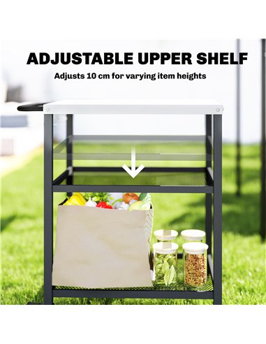 Outsunny Outdoor Grill Cart with Stainless Steel Tabletop, 3-Tier Pizza Oven Stand with Adjustable Shelf, Hooks, Wheels, Black