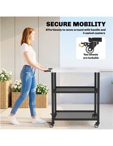 Outsunny Outdoor Grill Cart with Stainless Steel Tabletop, 3-Tier Pizza Oven Stand with Adjustable Shelf, Hooks, Wheels, Black