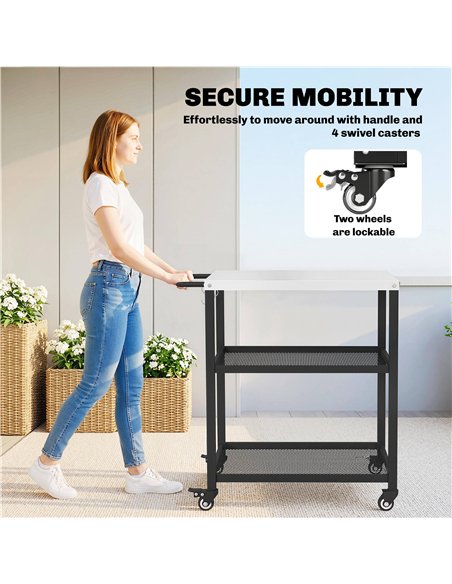 Outsunny Outdoor Grill Cart with Stainless Steel Tabletop, 3-Tier Pizza Oven Stand with Adjustable Shelf, Hooks, Wheels, Black - pic 199696 | FastDaddyshop