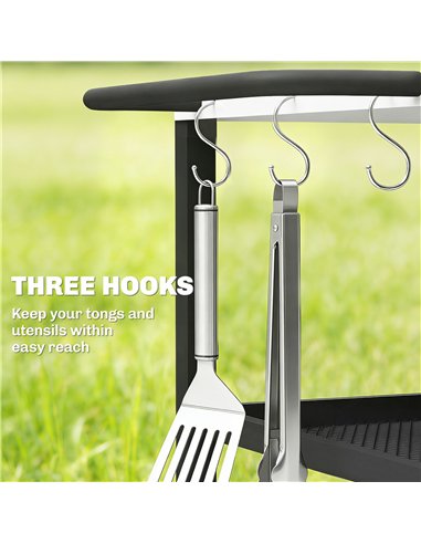 Outsunny Outdoor Grill Cart with Stainless Steel Tabletop, 3-Tier Pizza Oven Stand with Adjustable Shelf, Hooks, Wheels, Black