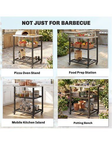Outsunny Outdoor Grill Cart with Stainless Steel Tabletop, 3-Tier Pizza Oven Stand with Adjustable Shelf, Hooks, Wheels, Black