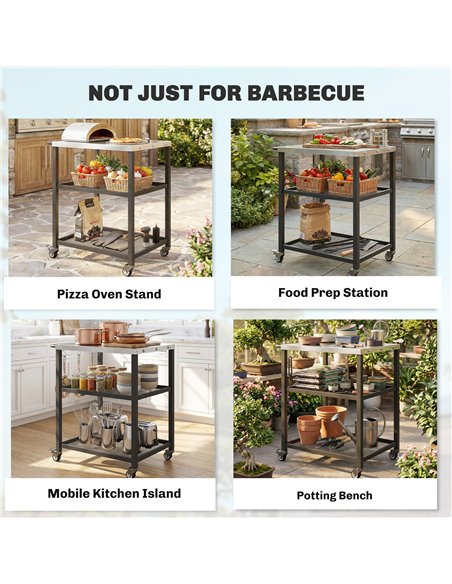 Outsunny Outdoor Grill Cart with Stainless Steel Tabletop, 3-Tier Pizza Oven Stand with Adjustable Shelf, Hooks, Wheels, Black - pic 199698 | FastDaddyshop