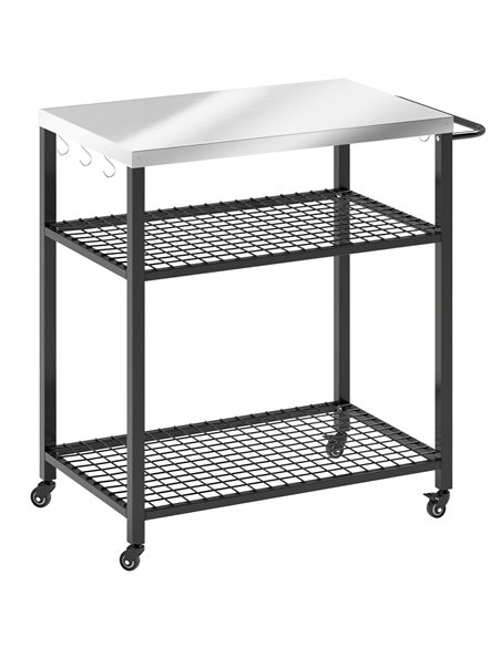 Outsunny Outdoor Grill Cart with Stainless Steel Tabletop, 3-Tier Pizza Oven Stand with 2 Shelves, 6 Hooks, Wheels, Black - pic 199699 | FastDaddyshop