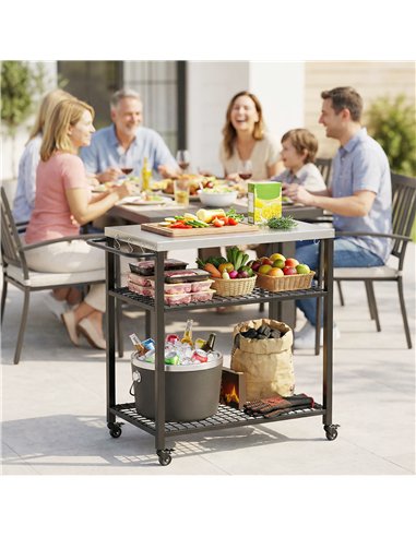 Outsunny Outdoor Grill Cart with Stainless Steel Tabletop, 3-Tier Pizza Oven Stand with 2 Shelves, 6 Hooks, Wheels, Black