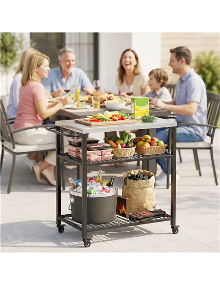 Outsunny Outdoor Grill Cart with Stainless Steel Tabletop, 3-Tier Pizza Oven Stand with 2 Shelves, 6 Hooks, Wheels, Black - pic 199700 | FastDaddyshop