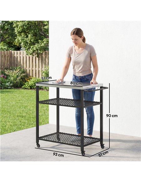 Outsunny Outdoor Grill Cart with Stainless Steel Tabletop, 3-Tier Pizza Oven Stand with 2 Shelves, 6 Hooks, Wheels, Black - pic 199701 | FastDaddyshop