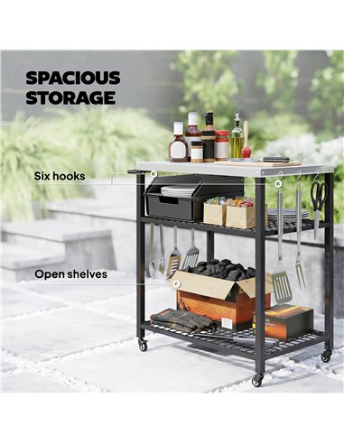 Outsunny Outdoor Grill Cart with Stainless Steel Tabletop, 3-Tier Pizza Oven Stand with 2 Shelves, 6 Hooks, Wheels, Black