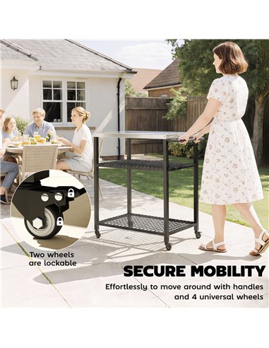 Outsunny Outdoor Grill Cart with Stainless Steel Tabletop, 3-Tier Pizza Oven Stand with 2 Shelves, 6 Hooks, Wheels, Black