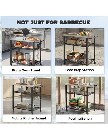 Outsunny Outdoor Grill Cart with Stainless Steel Tabletop, 3-Tier Pizza Oven Stand with 2 Shelves, 6 Hooks, Wheels, Black