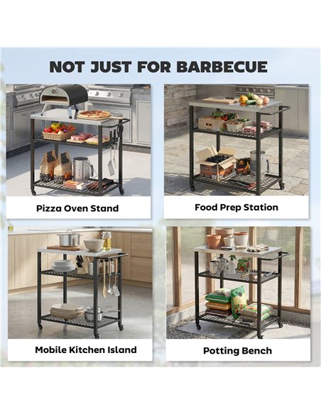 Outsunny Outdoor Grill Cart with Stainless Steel Tabletop, 3-Tier Pizza Oven Stand with 2 Shelves, 6 Hooks, Wheels, Black - pic 199705 | FastDaddyshop