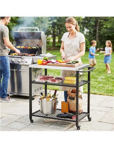Outsunny Outdoor Grill Cart with Stainless Steel Tabletop, 3-Tier Pizza Oven Stand with 2 Shelves, 6 Hooks, Wheels, Black