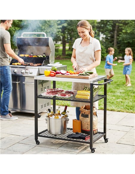 Outsunny Outdoor Grill Cart with Stainless Steel Tabletop, 3-Tier Pizza Oven Stand with 2 Shelves, 6 Hooks, Wheels, Black - pic 199706 | FastDaddyshop