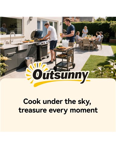 Outsunny Outdoor Grill Cart with Stainless Steel Tabletop, 3-Tier Pizza Oven Stand with 2 Shelves, 6 Hooks, Wheels, Black
