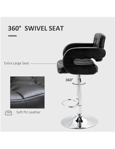HOMCOM Set of 2 PU Leather Upholstered Swivel Bar Stool, Height Adjustable Barstool with Back, Armrest, Footrest for Kitchen