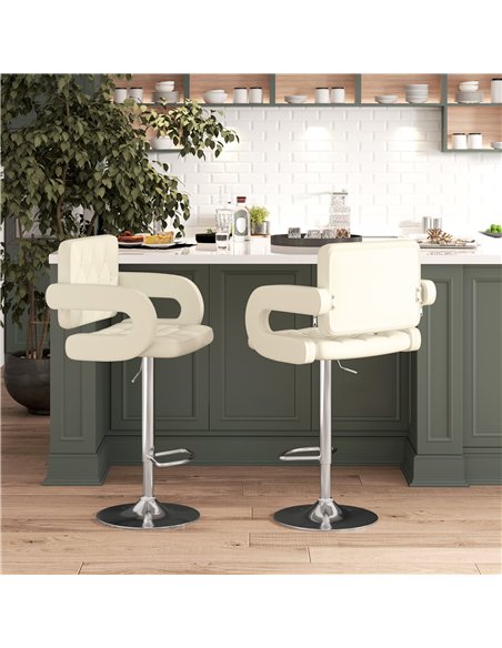 HOMCOM Upholstered Swivel Bar Stool, Set of 2 Height Adjustable Barstool with Back, Armrest, Footrest for Kitchen, White - pic 199718 | FastDaddyshop
